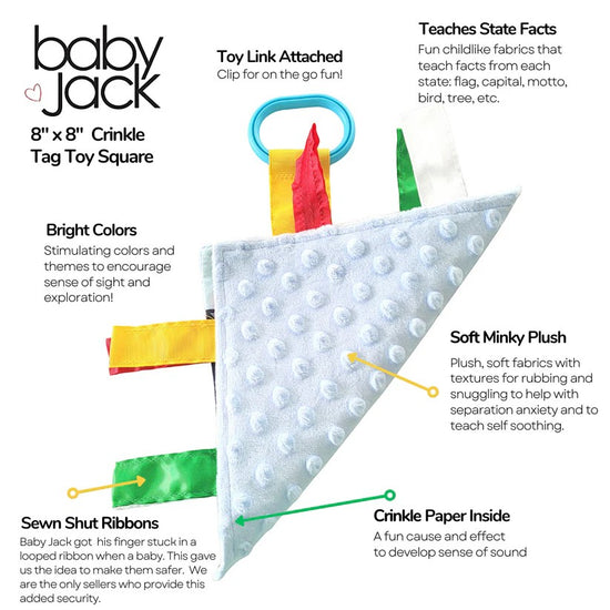 Baby Jack crinkle tag toy square with features highlighted on a white background