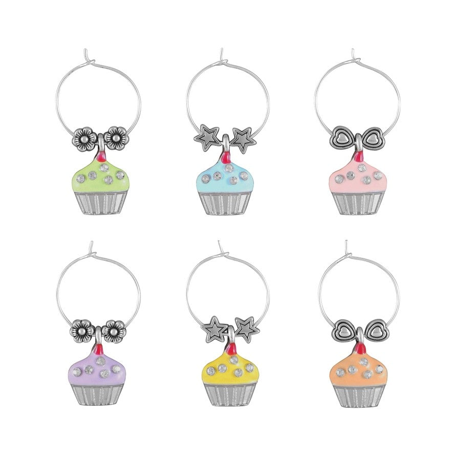 A grid view showing the six unique pastel cupcake wine charms, including green, blue, pink, purple, yellow, and orange.