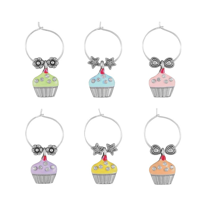 A grid view showing the six unique pastel cupcake wine charms, including green, blue, pink, purple, yellow, and orange.