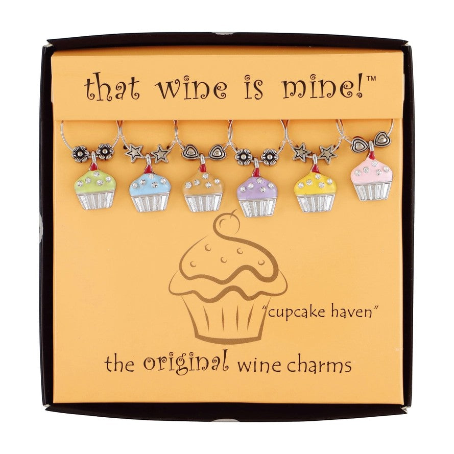 The boxed set of 6 Sweet Cupcake wine charms with pastel colors and rhinestone details on a white background.