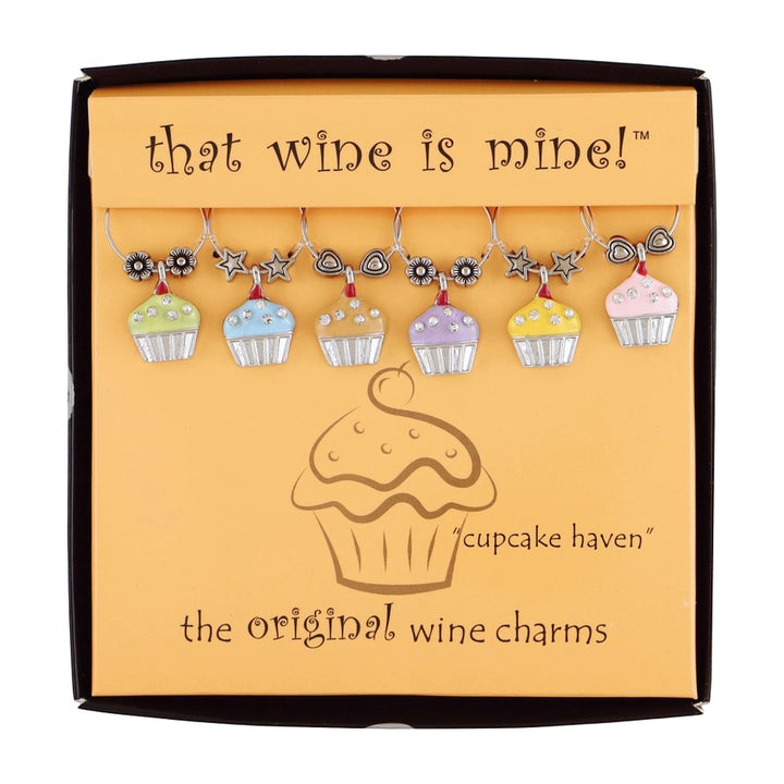 The boxed set of 6 Sweet Cupcake wine charms with pastel colors and rhinestone details on a white background.