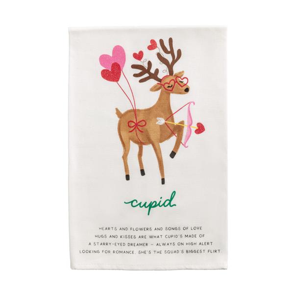 tea towel with a cartoon reindeer labeled 'Cupid' on a white background
