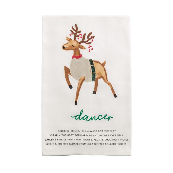 Tea towel with a reindeer illustration and text on a white background