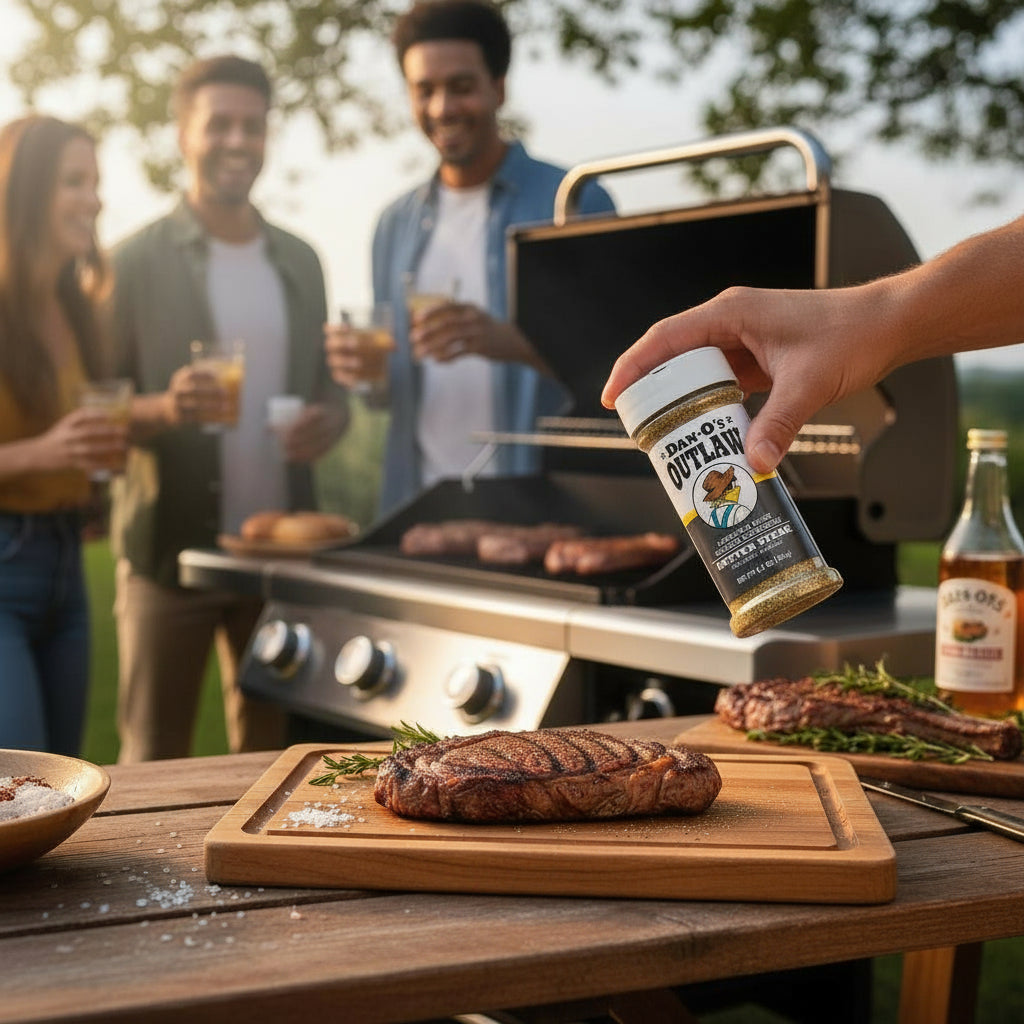 A person seasoning grilled steak on a grill with Dan-O's Outlaw Butter Steak blend at a backyard barbecue.