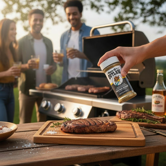 A person seasoning grilled steak on a grill with Dan-O's Outlaw Butter Steak blend at a backyard barbecue.