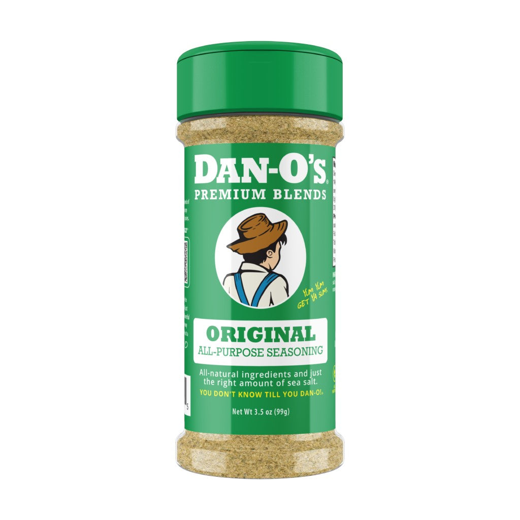 Green container of Dan-O's Premium Blends seasoning on a white background