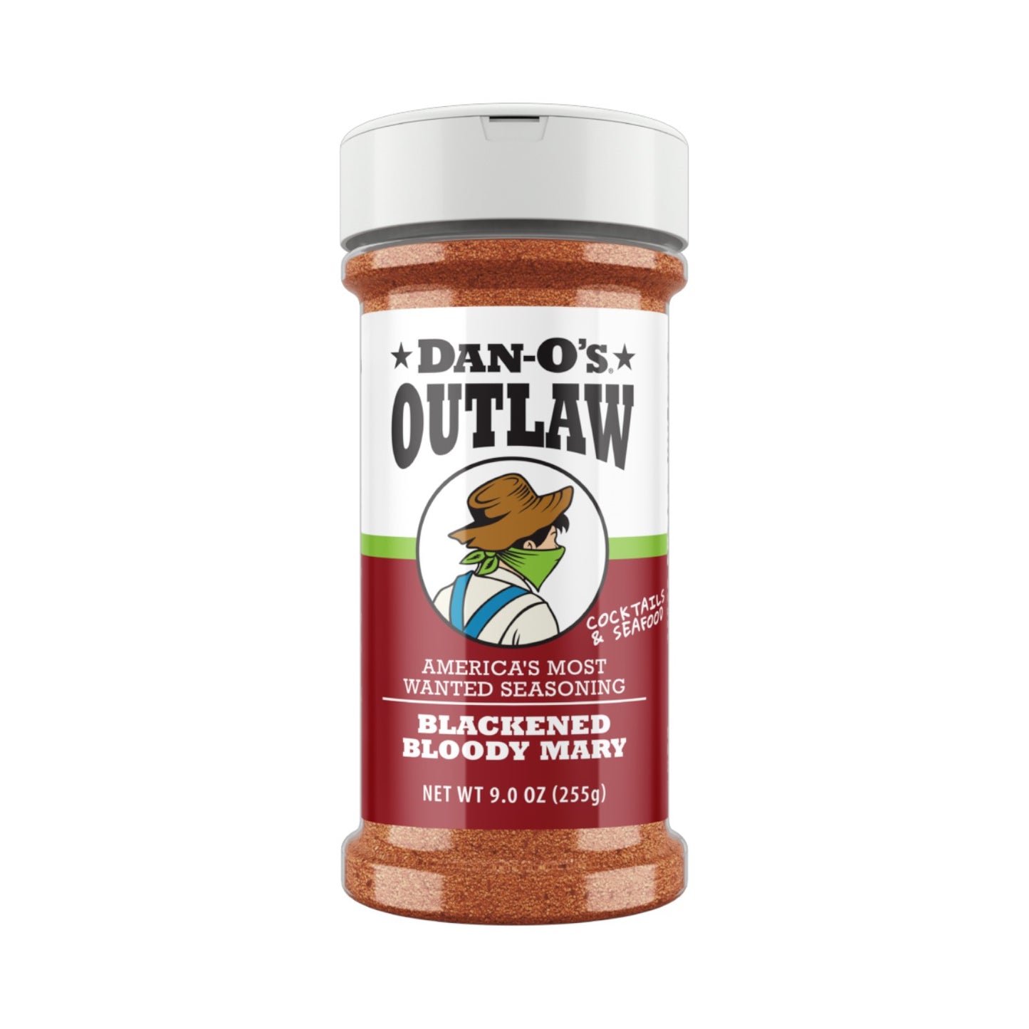 A medium bottle of Dan-O's Outlaw Blackened Bloody Mary Seasoning with the signature cowboy character on the label.