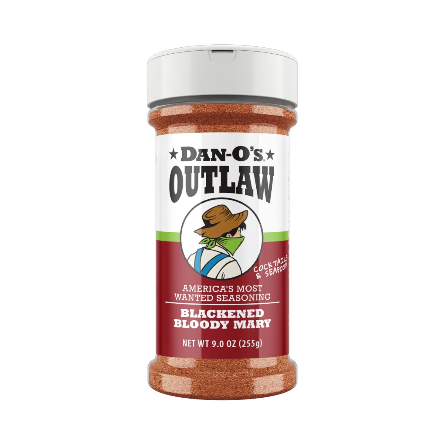 A medium bottle of Dan-O's Outlaw Blackened Bloody Mary Seasoning with the signature cowboy character on the label.