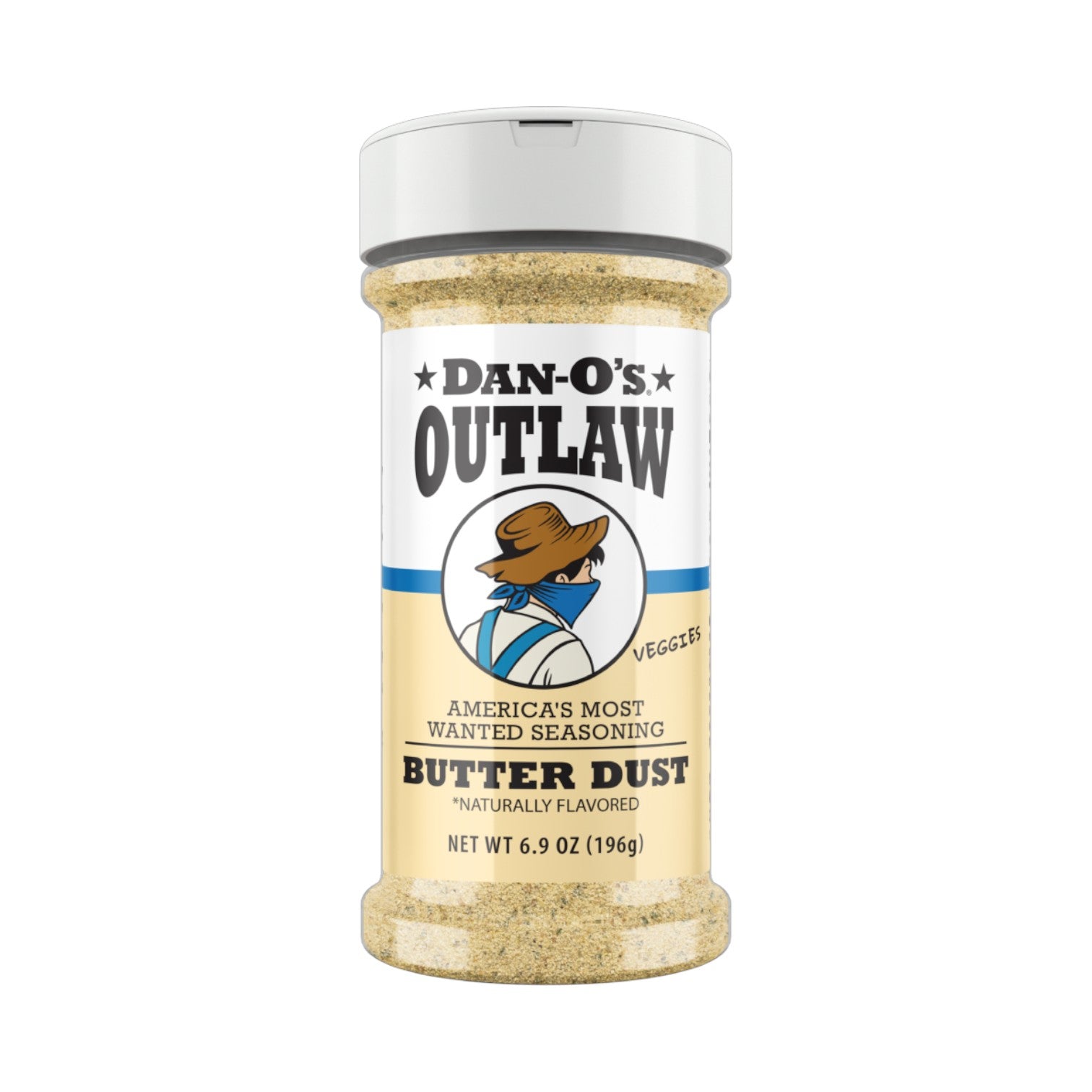 A medium bottle of Dan-O's Outlaw Butter Dust Seasoning featuring the cowboy mascot on the label.