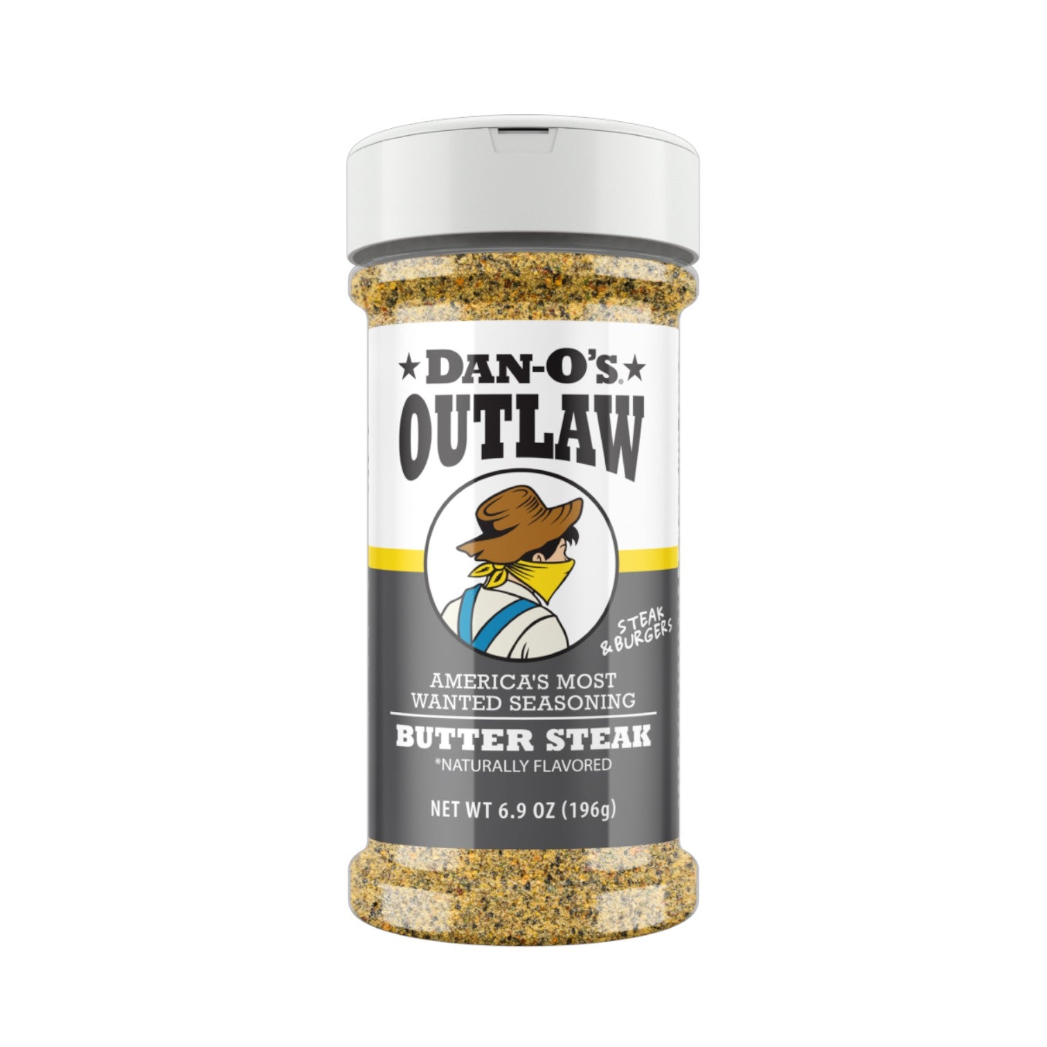 Dan-O's Outlaw Butter Steak seasoning jar on a white background