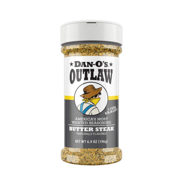 Dan-O's Outlaw Butter Steak seasoning jar on a white background