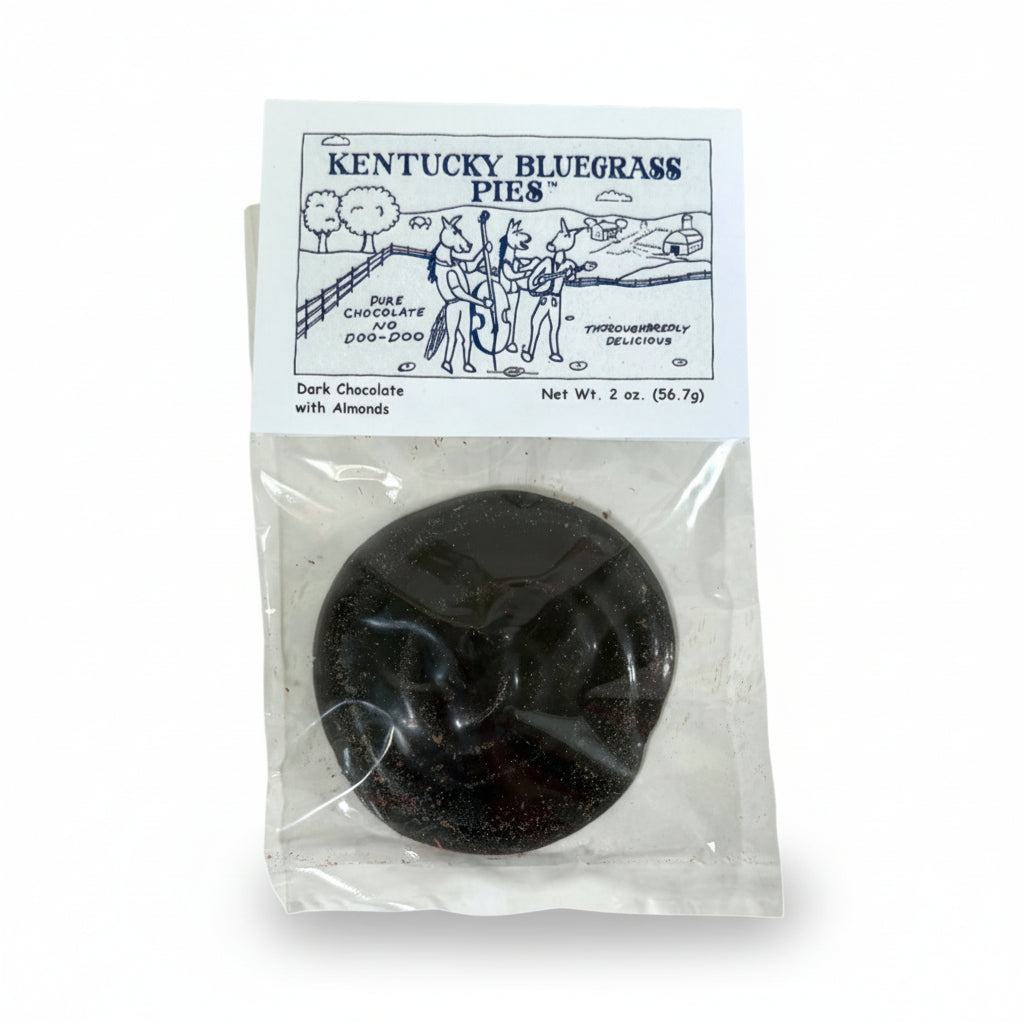 Close-up of the Kentucky Bluegrass Pie in its Dark Chocolate with Almonds wrapper.