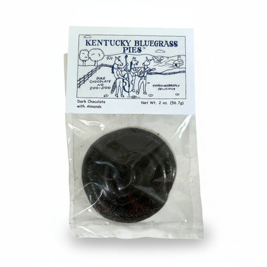 Close-up of the Kentucky Bluegrass Pie in its Dark Chocolate with Almonds wrapper.