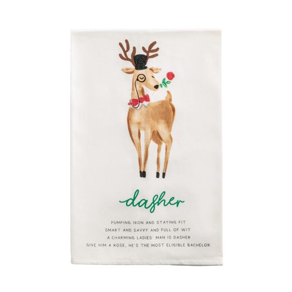 The "Dasher" reindeer poem tea towel with its charming illustration and text.