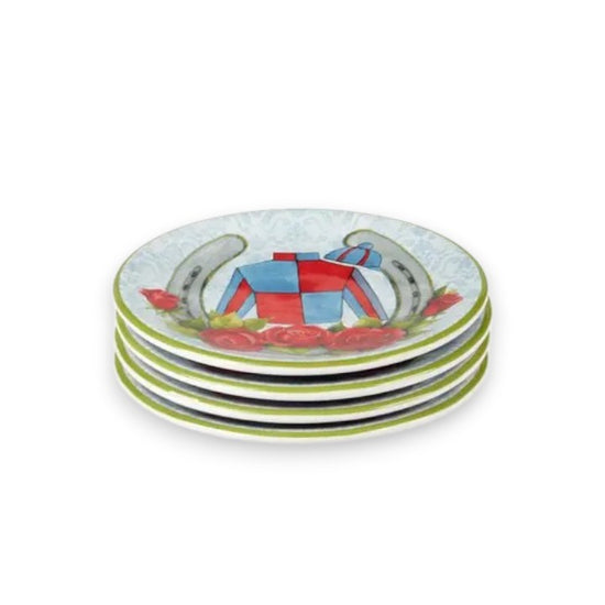 Set of four decorative plates with horse and floral design on a white background