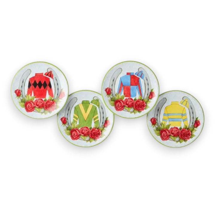 A product shot showing the four assorted 6-inch earthenware canape plates, each featuring a different jockey silk design with roses and horseshoes.