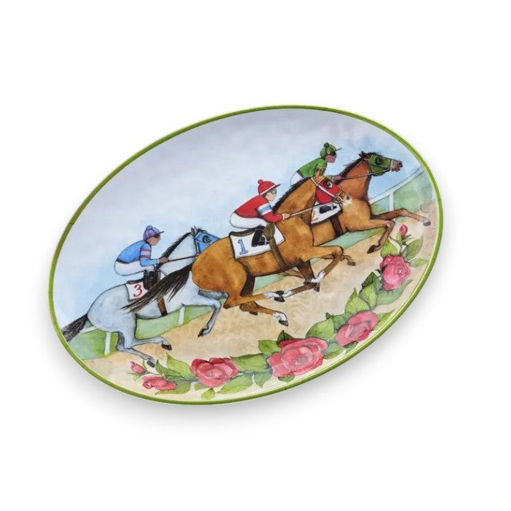 A top-down shot of the 18-inch oval melamine platter, showcasing the detailed illustration of three racing horses (a brown horse, a light brown horse with number 1, and a grey horse with number 3) against a light green rim and a red rose border.