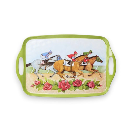 A top-down view of the 19x12 inch "Day at the Races" melamine tray, showing the vibrant horse racing illustration and sturdy handles.