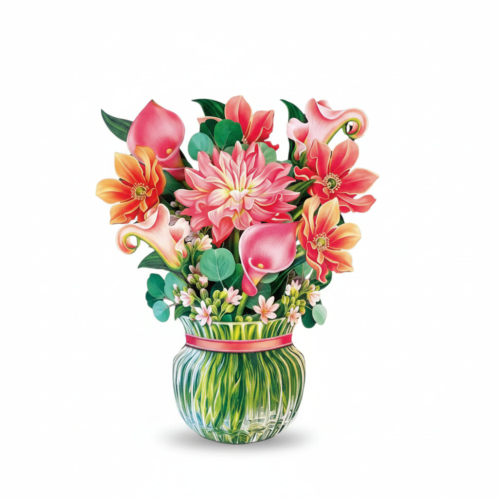 The Dear Dahlia paper flower bouquet fully opened, featuring pink dahlias, calla lilies, and blue eucalyptus branches.