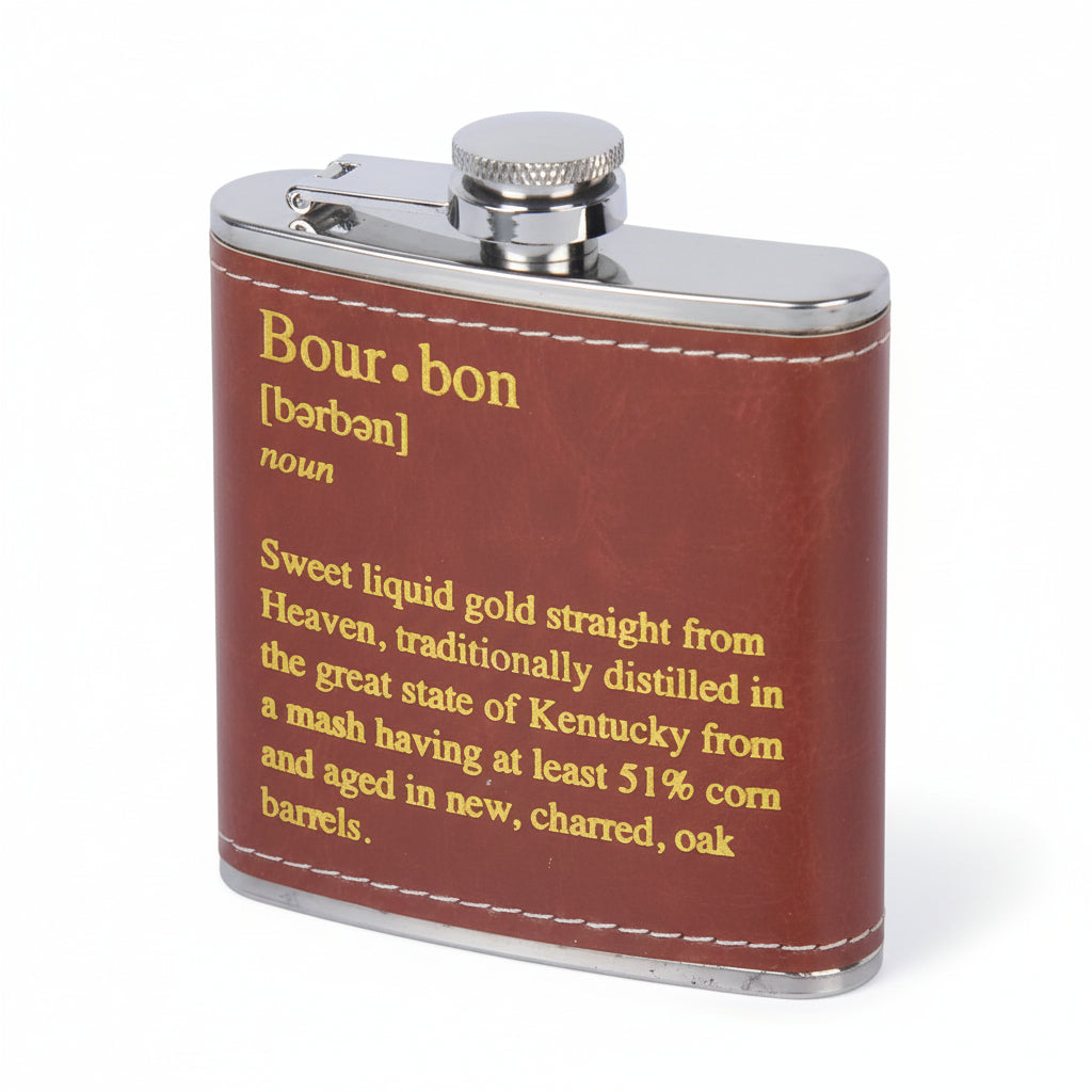 Detail shot of the "Define Bourbon" flask showing the dictionary definition text.