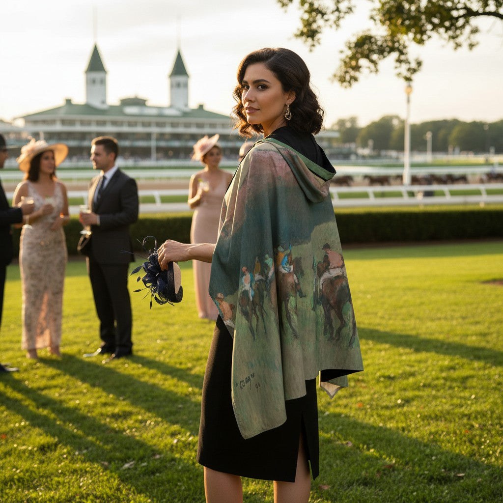 Woman holding a decorative shawl with horse designs at a racecourse.