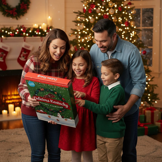 Family gathered around the Kentucky Advent Calendar, enjoying a festive moment with Christmas decorations in the background.