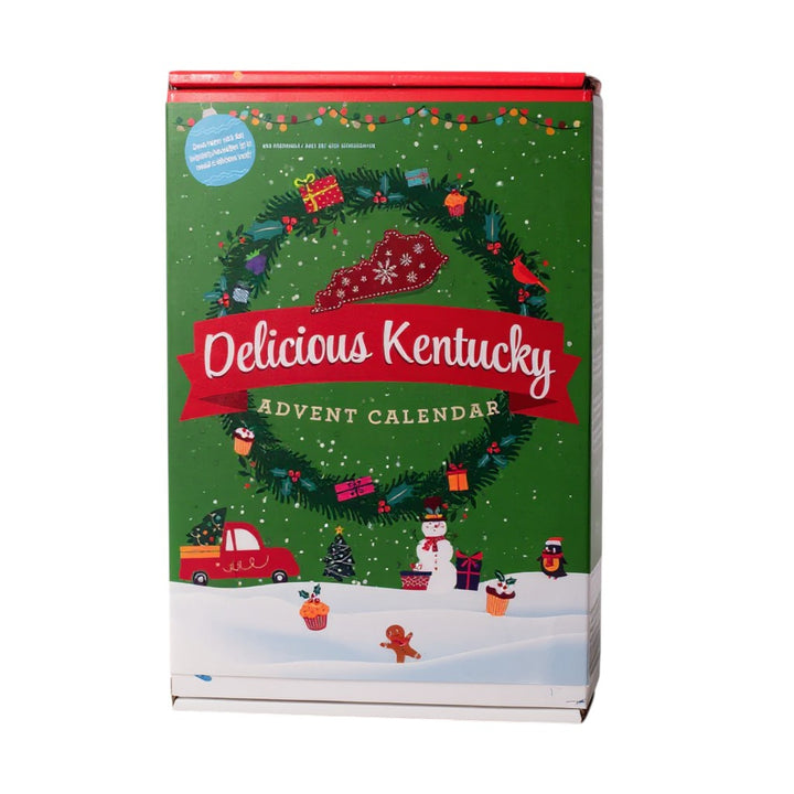 Festive Kentucky Advent Calendar box with Christmas-themed illustrations, featuring a wreath and state outline of Kentucky.