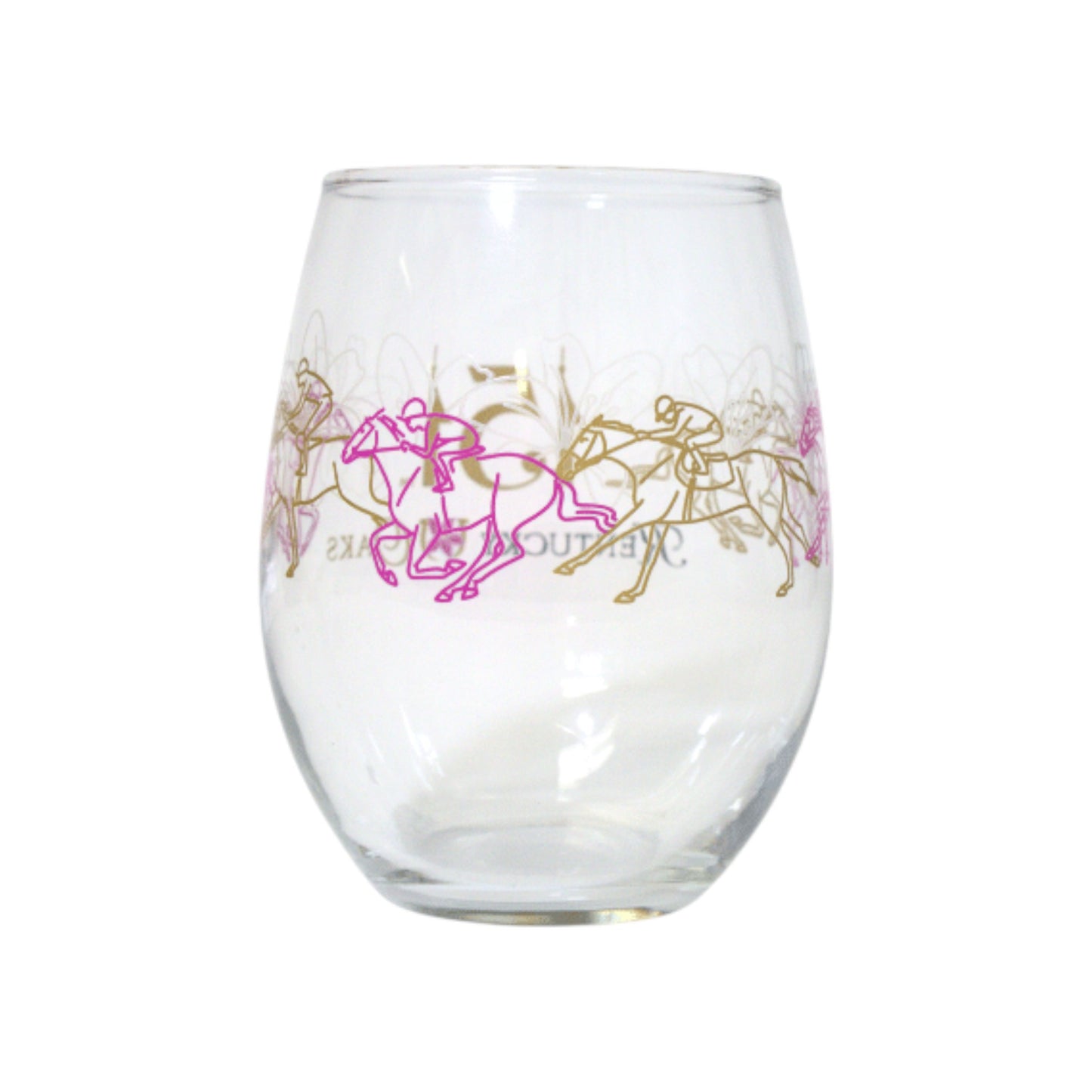 Clear glass with pink and gold horse designs on a white background