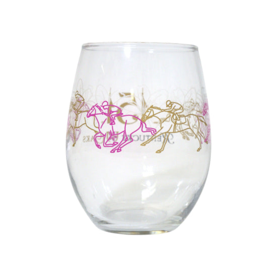 Clear glass with pink and gold horse designs on a white background