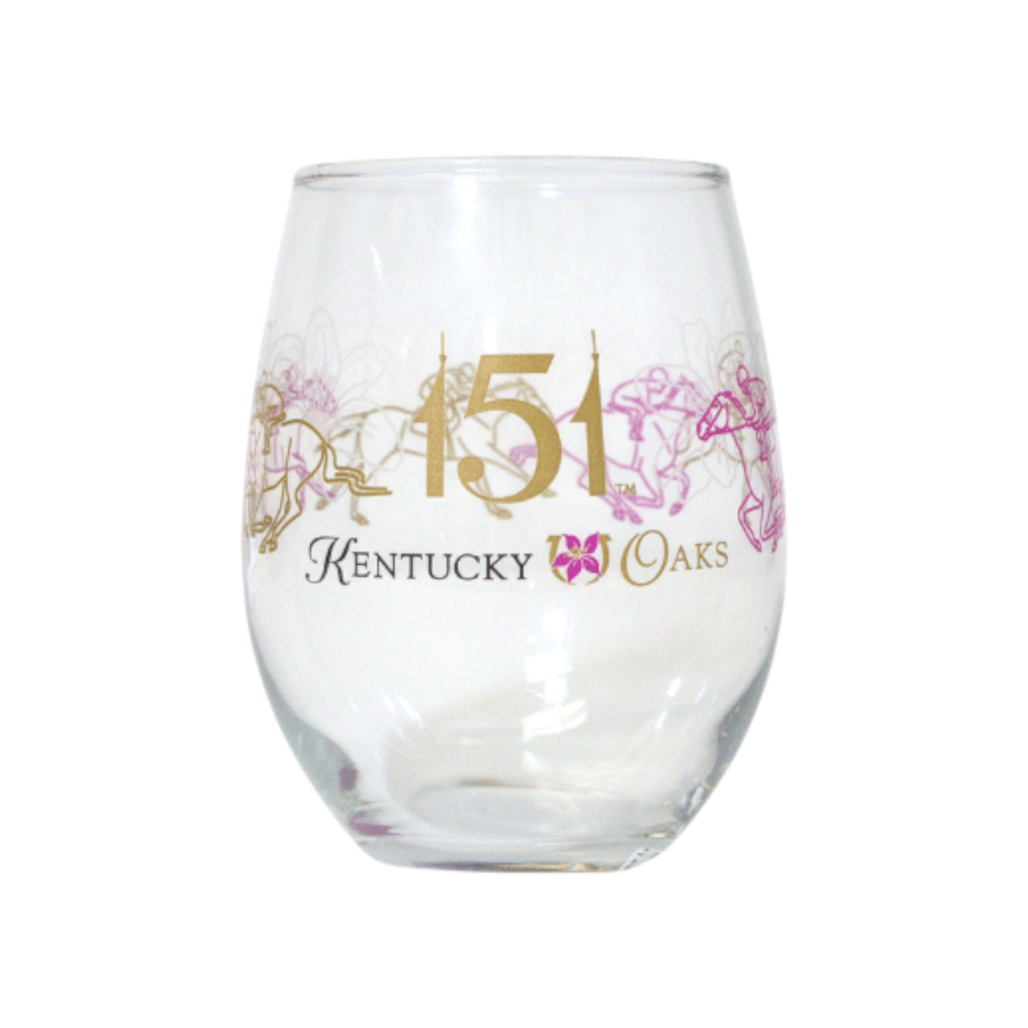 Clear glass with 'Kentucky Oaks' text and decorative elements on a white background