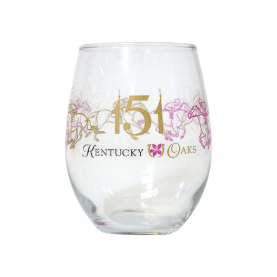 Clear glass with 'Kentucky Oaks' text and decorative elements on a white background