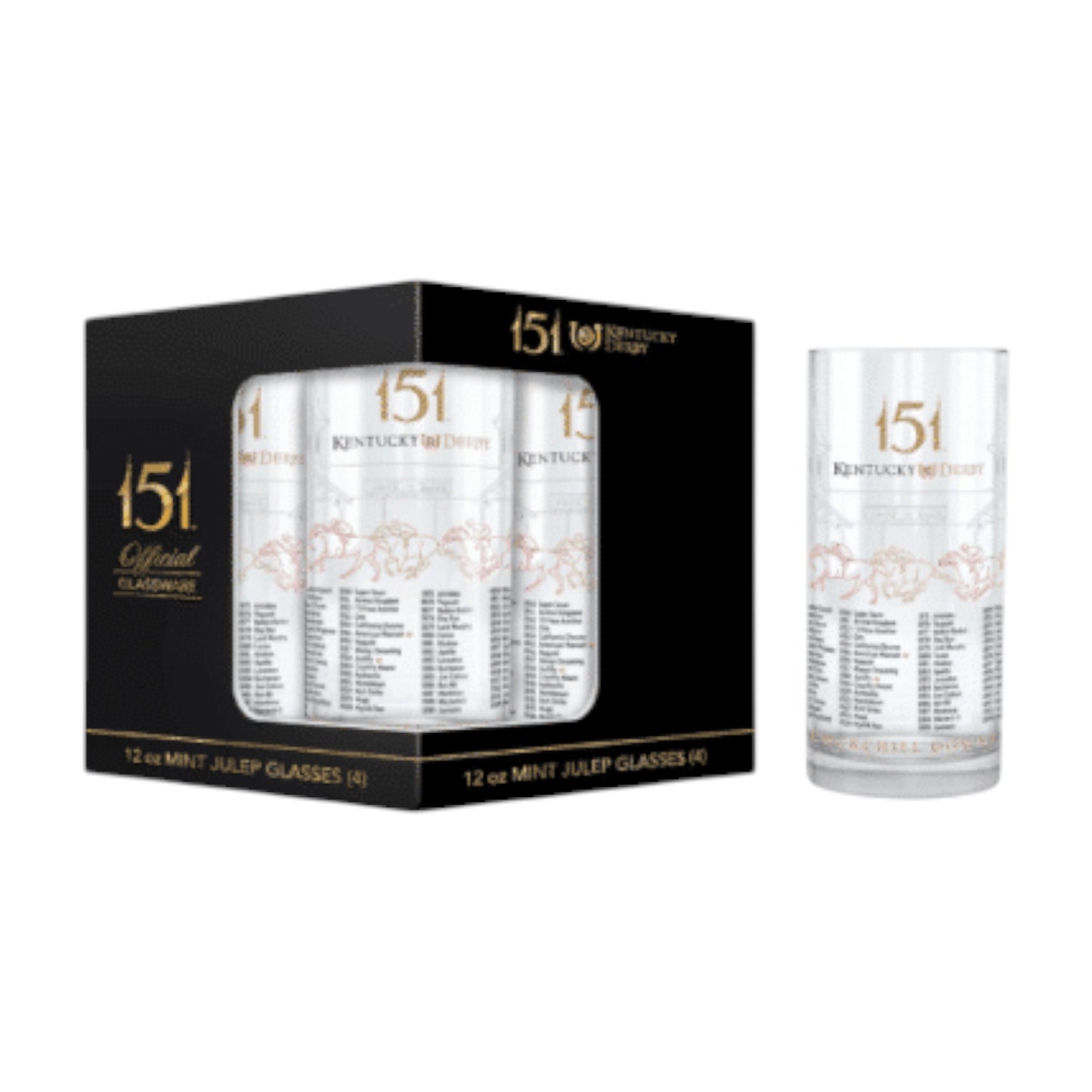 Set of Kentucky Derby 151 Mint Julep glasses with packaging on a white background