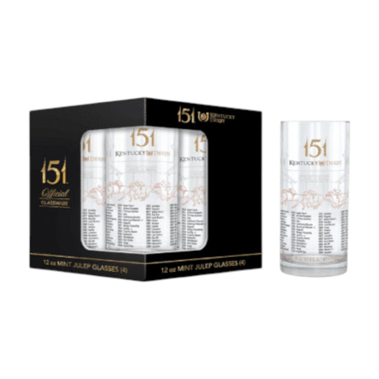 Set of Kentucky Derby 151 Mint Julep glasses with packaging on a white background