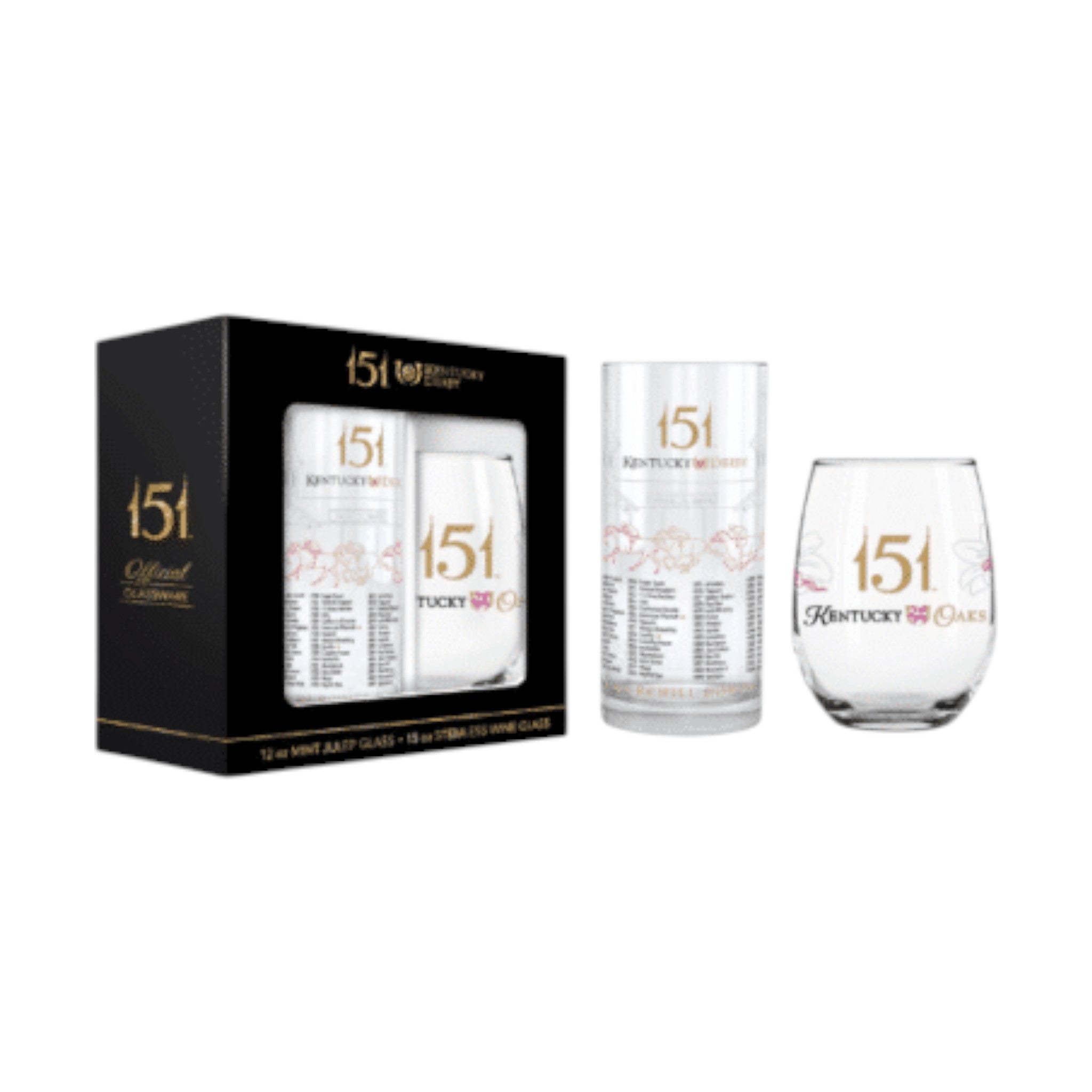 Set of '151' branded glasses with packaging on a white background