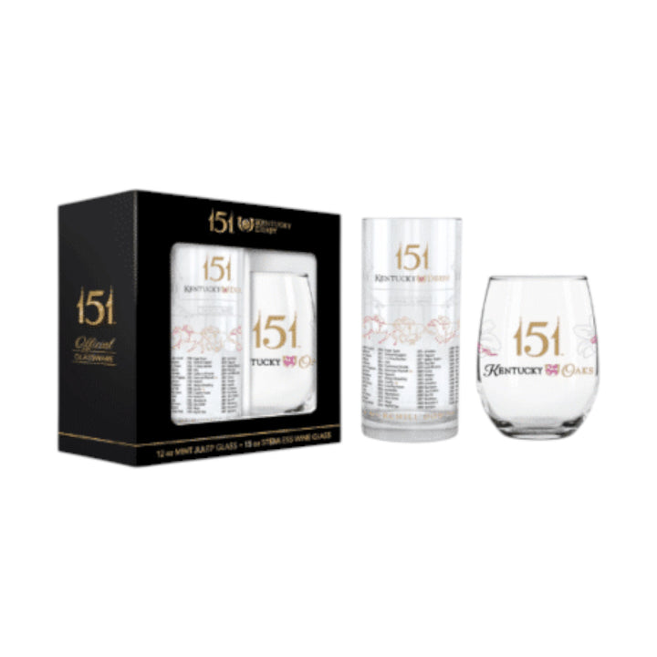 Set of '151' branded glasses with packaging on a white background