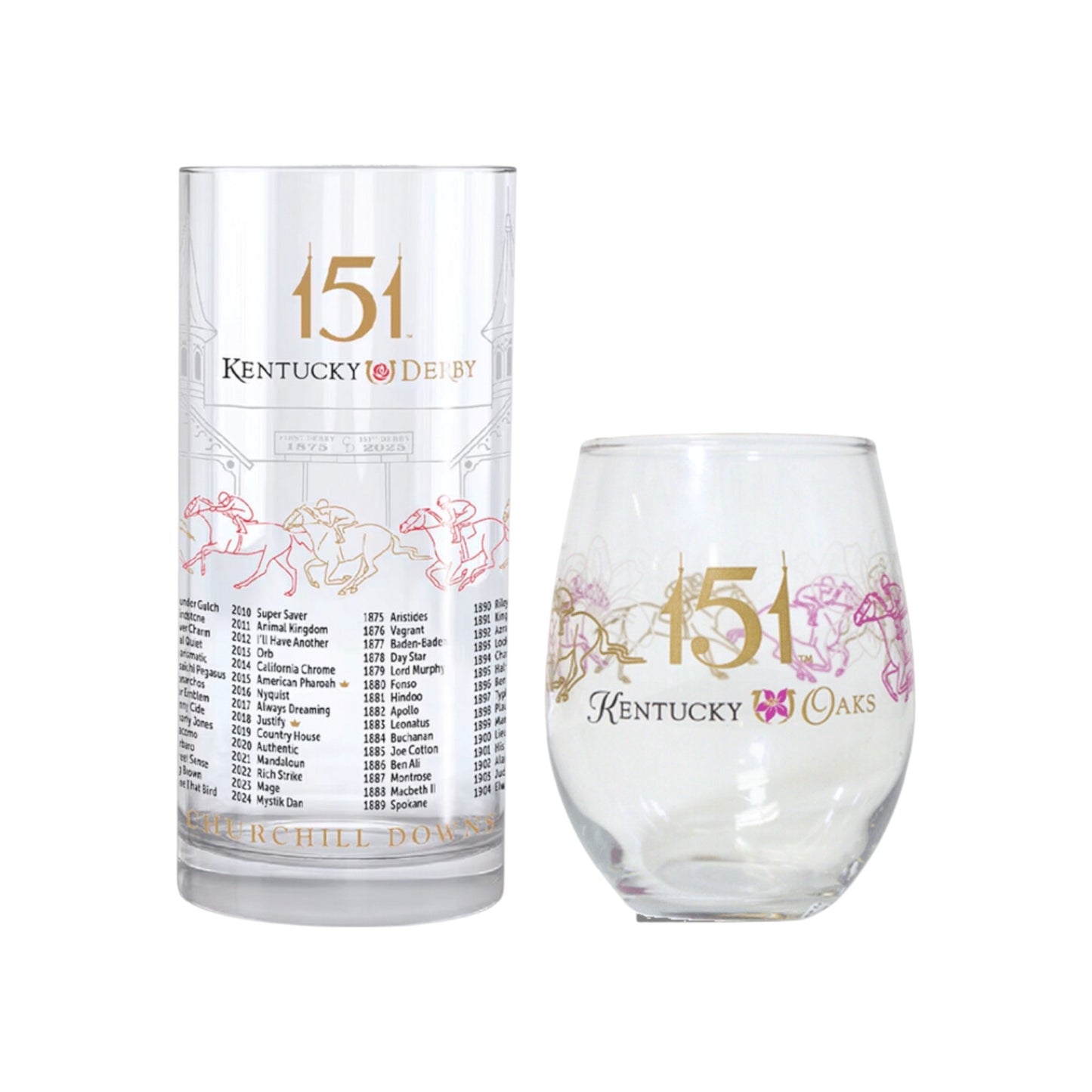 Two glass tumblers with 'Kentucky Derby' and 'Kentucky Oaks' branding on a white background.