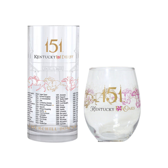Two glass tumblers with 'Kentucky Derby' and 'Kentucky Oaks' branding on a white background.