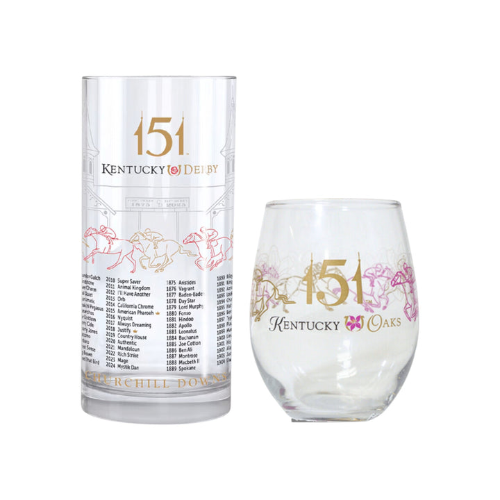 Two glass tumblers with 'Kentucky Derby' and 'Kentucky Oaks' branding on a white background.