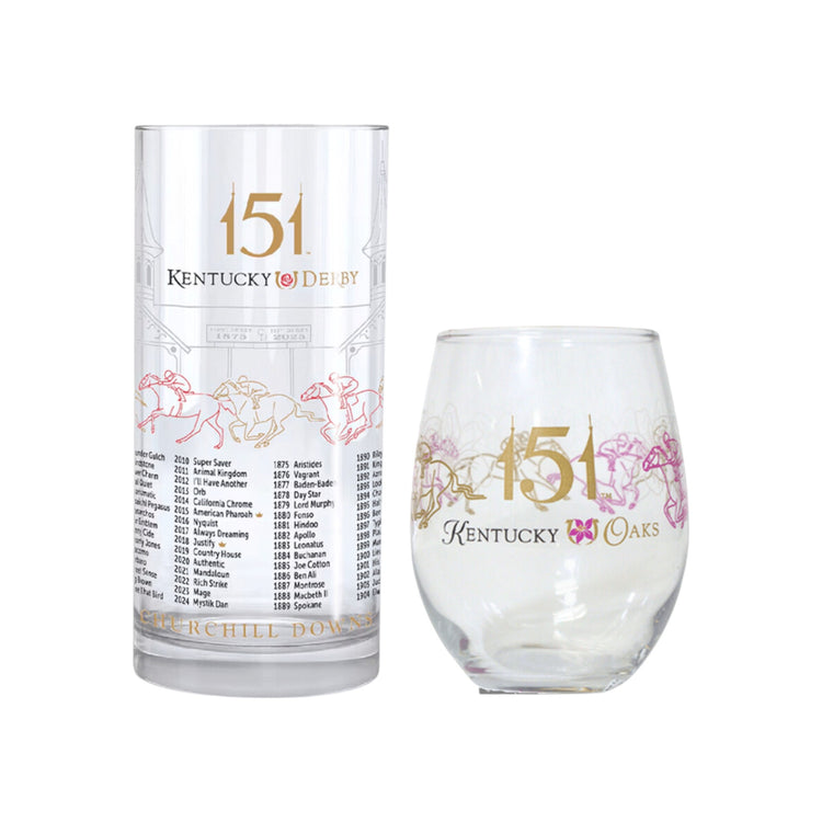 Two glass tumblers with 'Kentucky Derby' and 'Kentucky Oaks' branding on a white background.