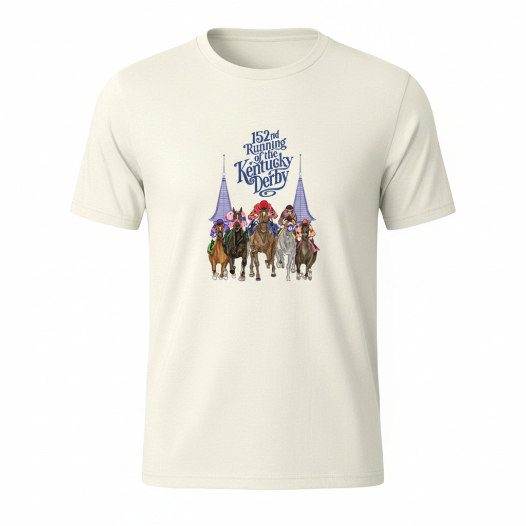 The Natural color option of the 152nd Kentucky Derby art t-shirt, made from soft combed cotton with the "Coming at You" racehorse graphic.