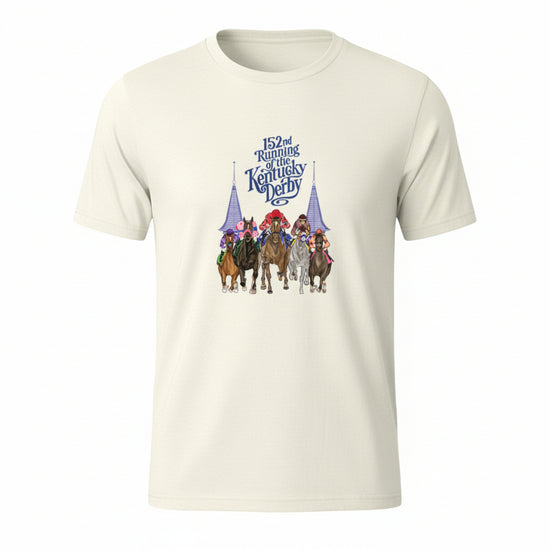 The Natural color option of the 152nd Kentucky Derby art t-shirt, made from soft combed cotton with the "Coming at You" racehorse graphic.