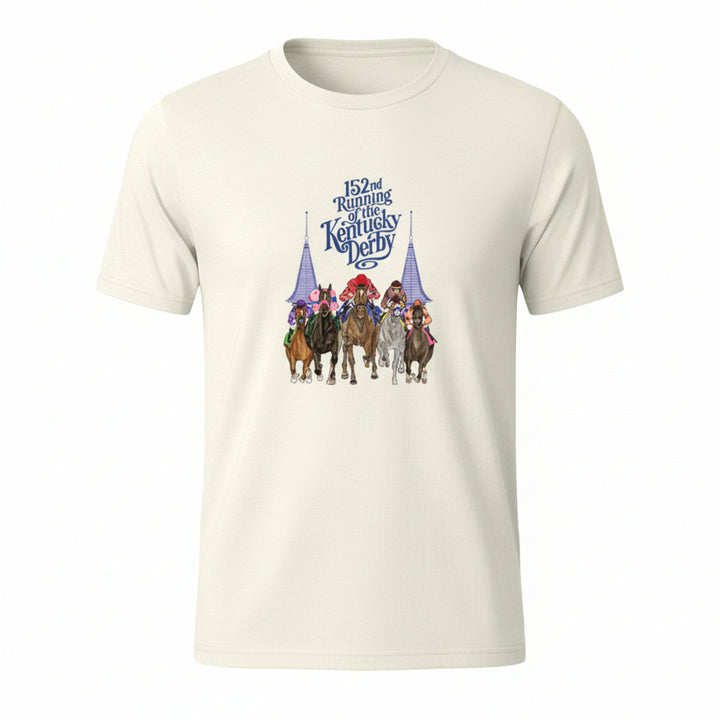 The Natural color option of the 152nd Kentucky Derby art t-shirt, made from soft combed cotton with the "Coming at You" racehorse graphic.