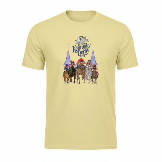 Front view of the "Coming at You" Kentucky Derby 152 t-shirt in Popcorn yellow, featuring dynamic artwork of racing horses and Churchill Downs spires.