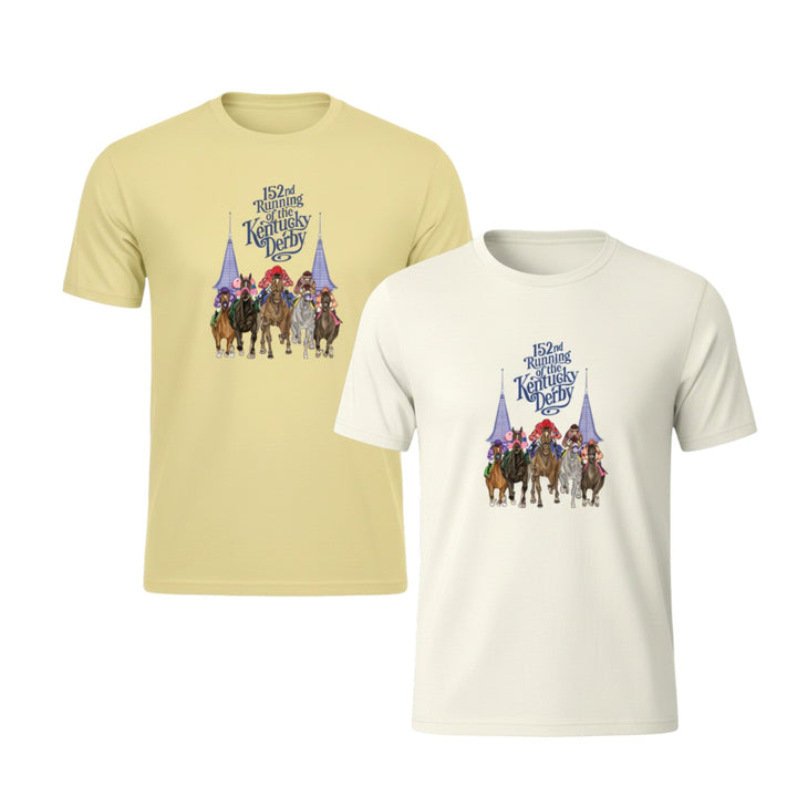 Front view of the "Coming at You" Kentucky Derby 152 t-shirt in Popcorn yellow and Natural, featuring dynamic artwork of racing horses and Churchill Downs spires.