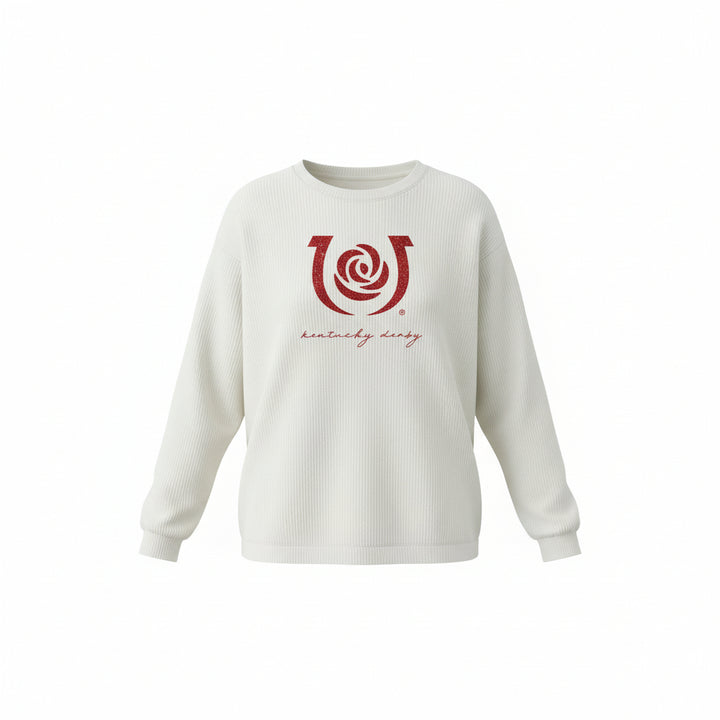 Front view of the cream Kentucky Derby 152 corduroy sweatshirt featuring a red glitter horseshoe and rose logo.