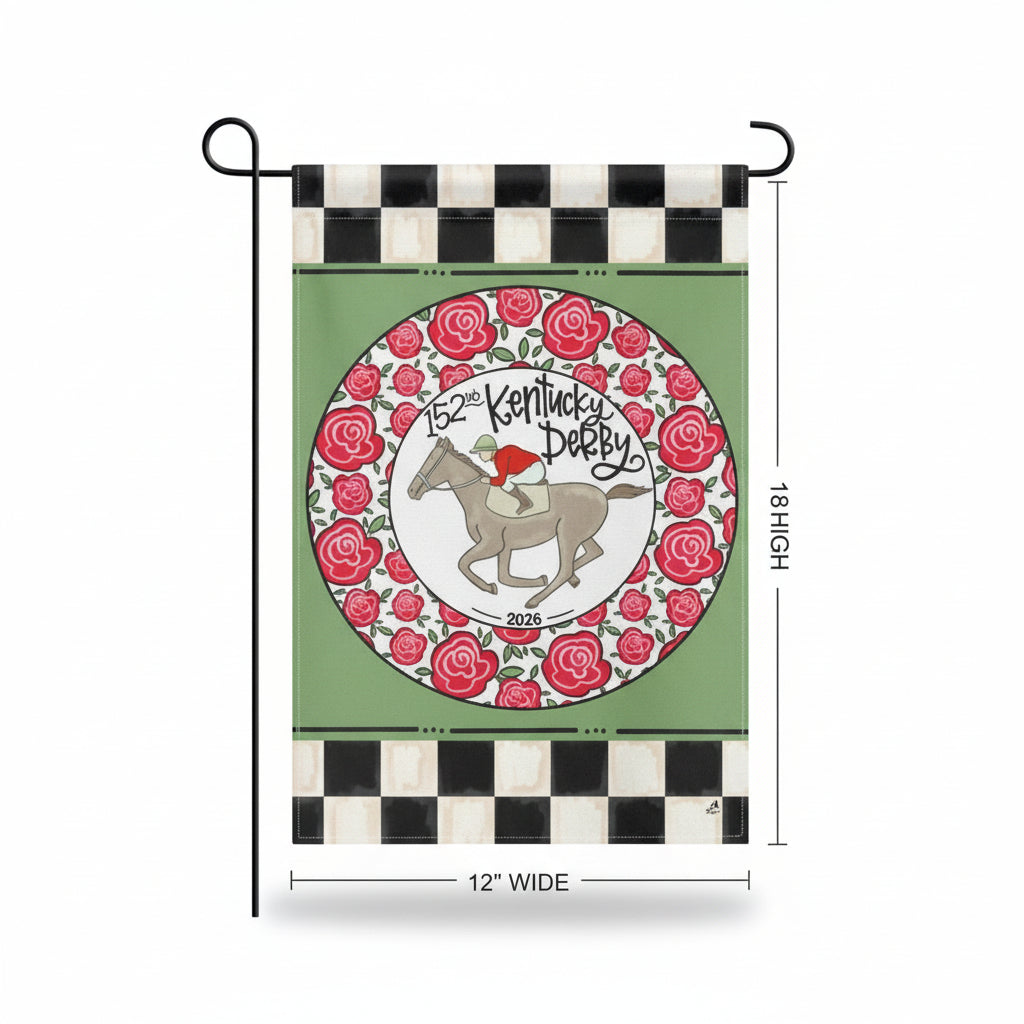 Decorative garden flag with horse and roses design, featuring the Kentucky Derby, on a checkered border.