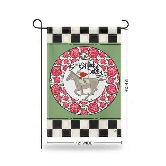 Decorative garden flag with horse and roses design, featuring the Kentucky Derby, on a checkered border.