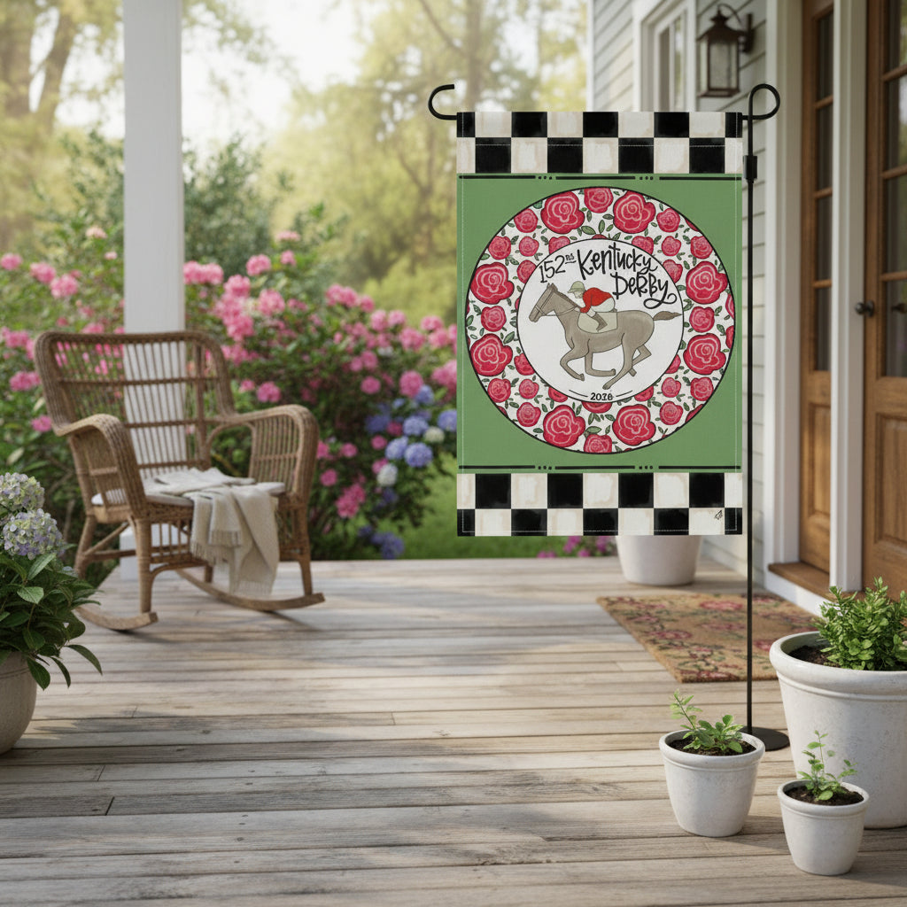 The Ring of Roses garden flag hanging on a charming porch, surrounded by potted plants and creating a festive atmosphere.