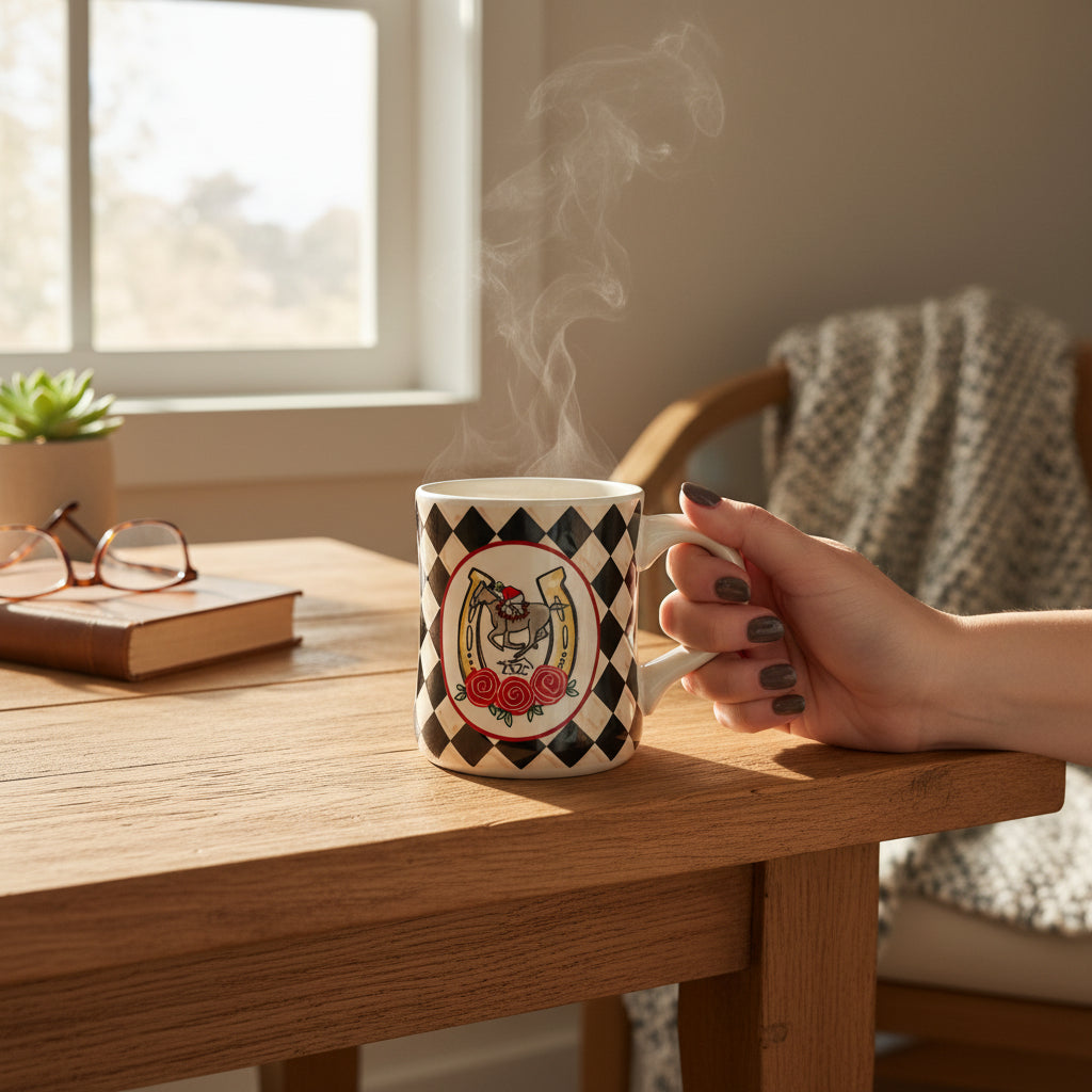 A person enjoying a hot coffee from the Kentucky Derby 152 mug in a cozy living room setting.