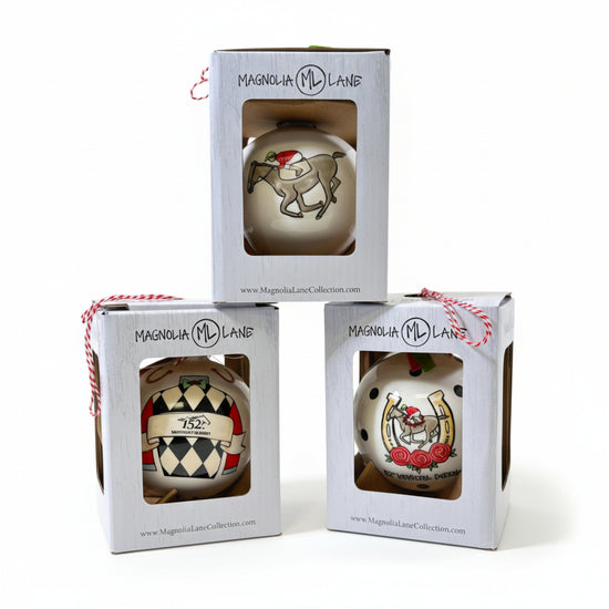 The complete 152nd Kentucky Derby ornament collection showing all three designs: Classic, Jockey Silk, and Horseshoe Polka Dot with their packaging.